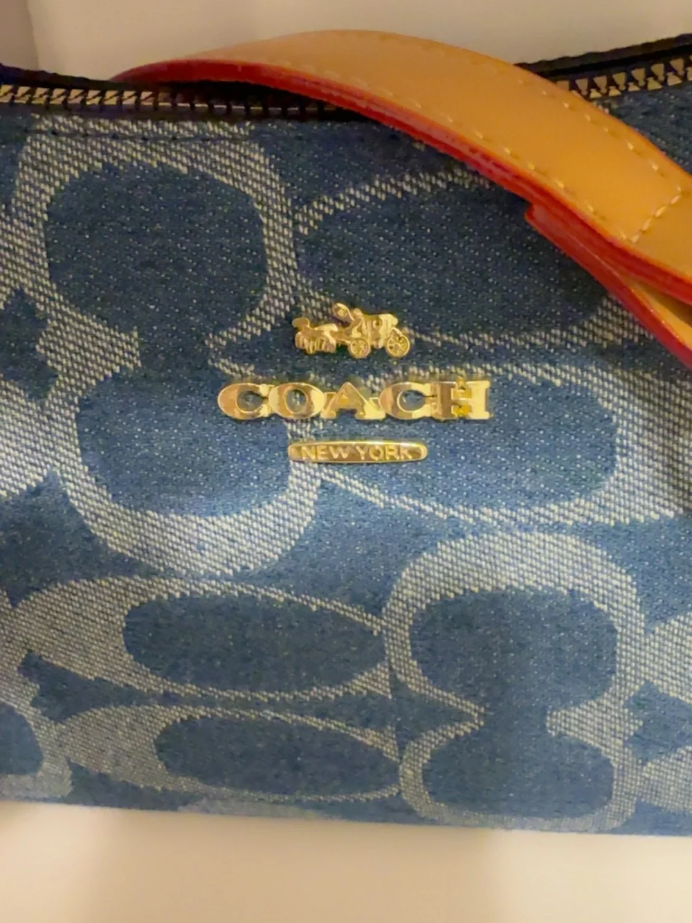 Coach Blue Denim Signature Wristlet with Red & Tan Strap